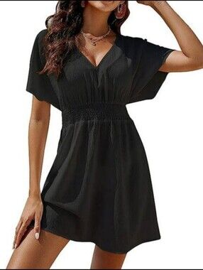 Y2K 2000 Vintage Victoria's Secret Black Swim Coverup Linen Blend Smocked Y2K